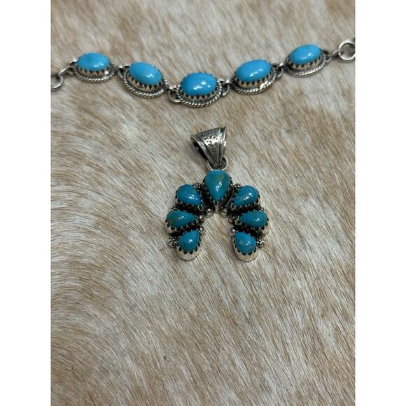 Native American SW Sterling Silver Blue Turquoise Naja Squash Blossom Pendant - Picture 2 of 7